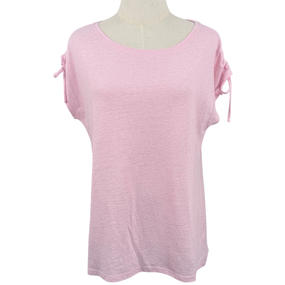 Talbots Cinched Shoulder M‎ Knit Tee Pink Linen Blend Bateau Scoop Neck Feminine